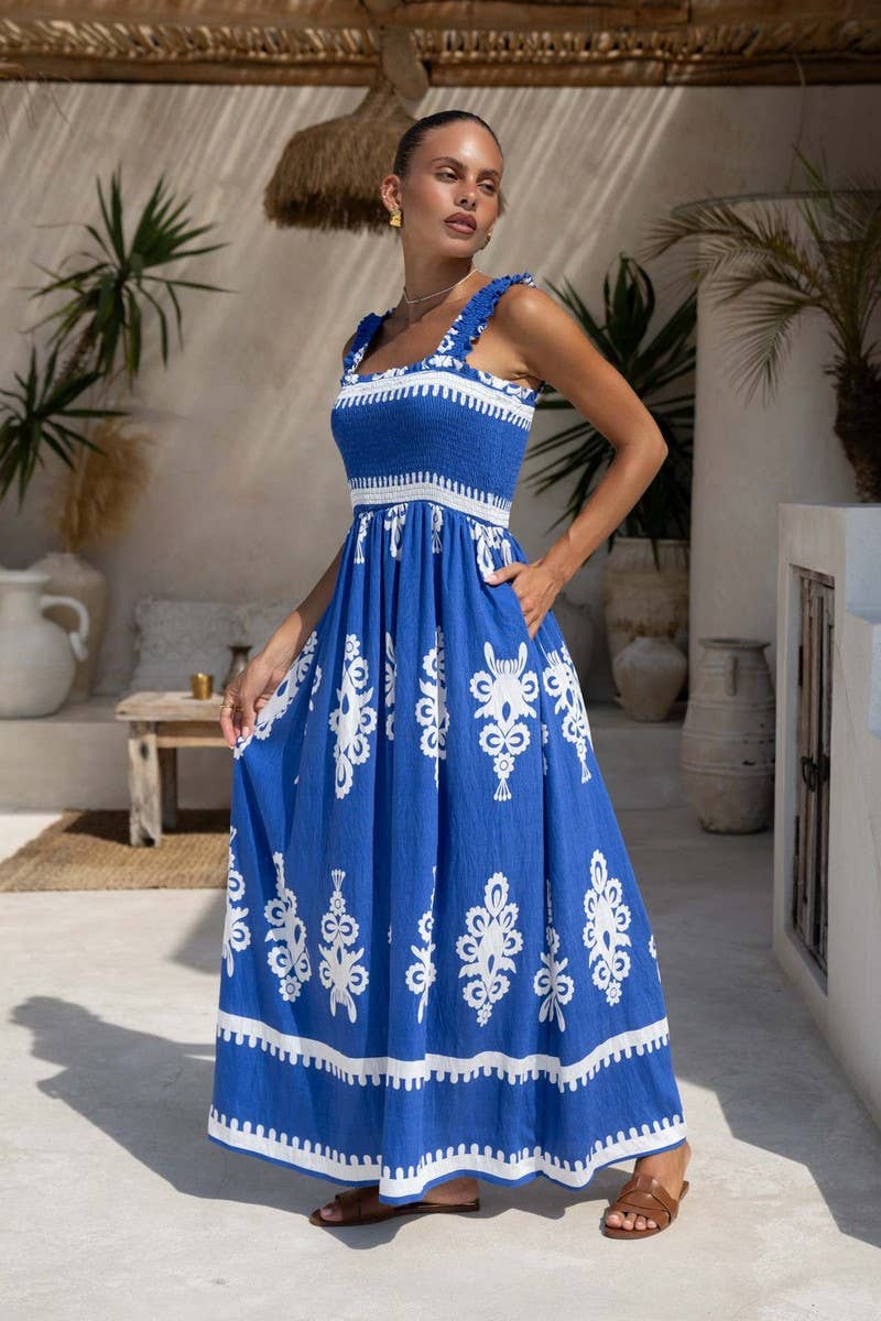 CWDHL1076_SUMMER RESORT STYLE PRINTED SUSPENDER BEACH DRESS