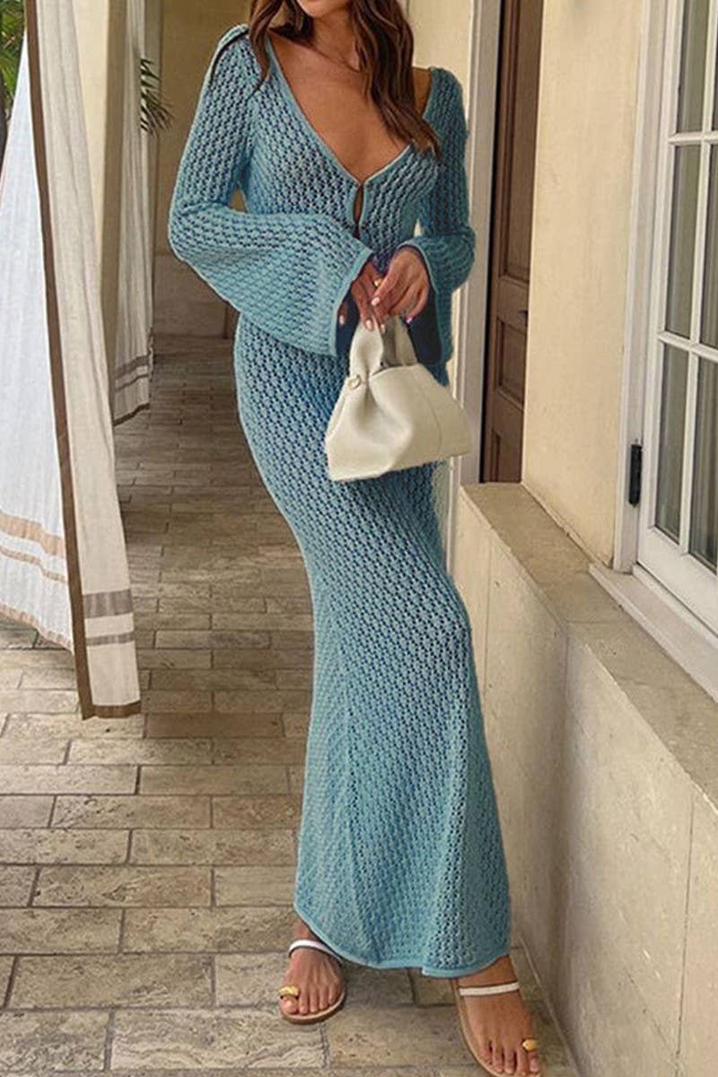 CWDMD4774_KNITTED HOLLOW LONG SLEEVE BEACH BIKINI COVER UP