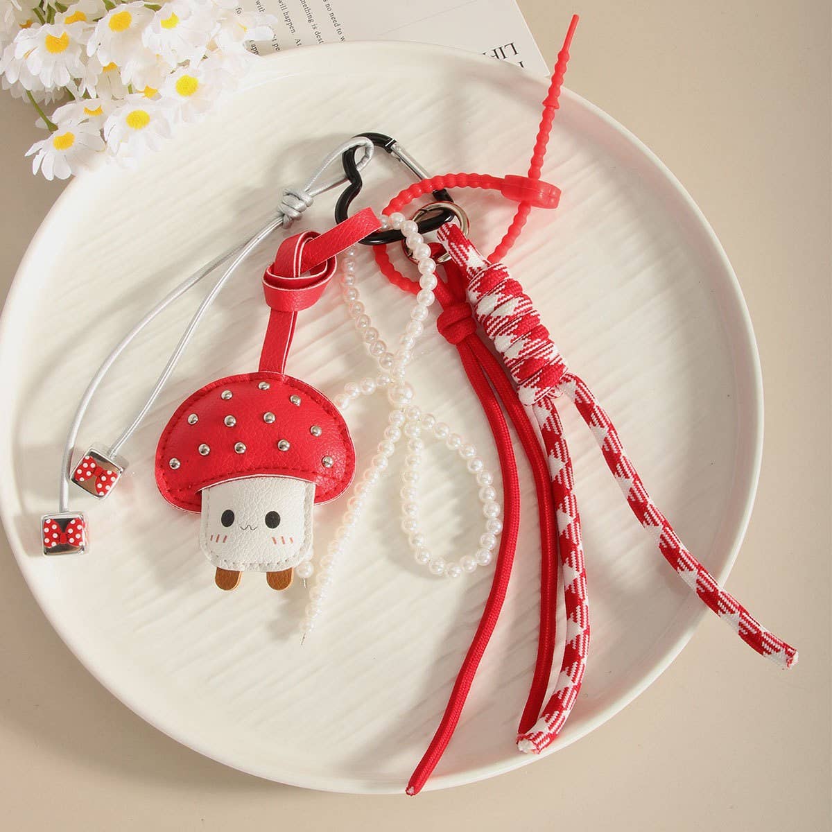 Cute Mushroom Pearl Bow Keychain Bag Charm