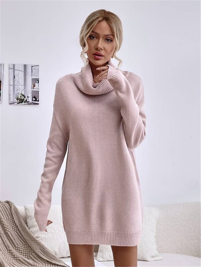 Solid-color loose high-neck knitted dress