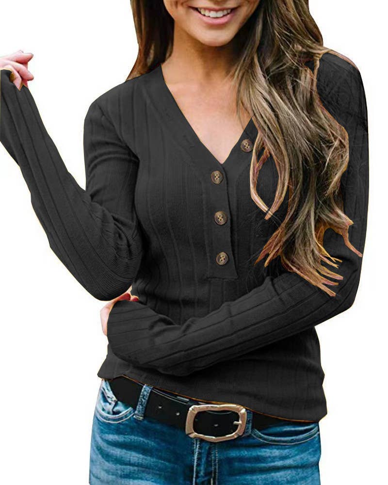V-NECK BUTTON SOLID COLOR LONG-SLEEVED SWEATER