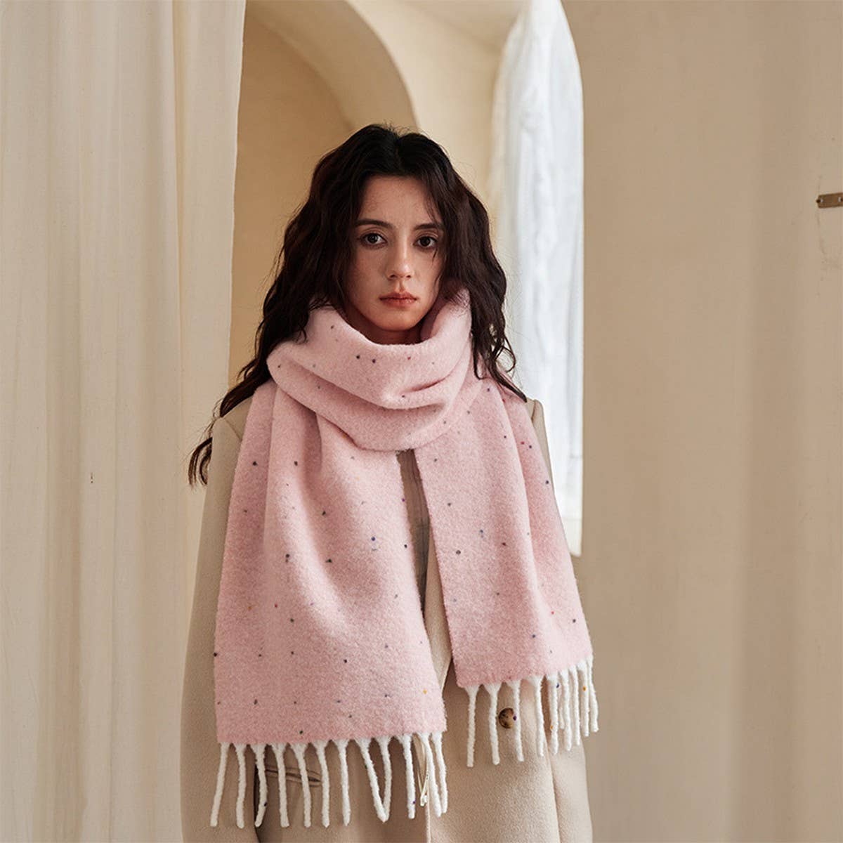 50% Wool Blend Speckled Yarn Scarf - Winter Cozy_CWASC2372