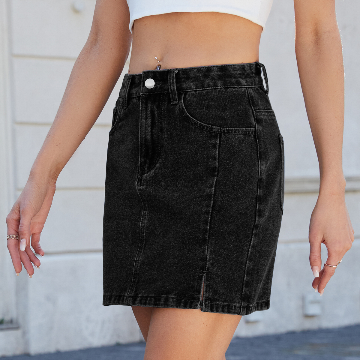Women??¢s Washed Denim Bodycon Skirt with Slit_CWJSK0207
