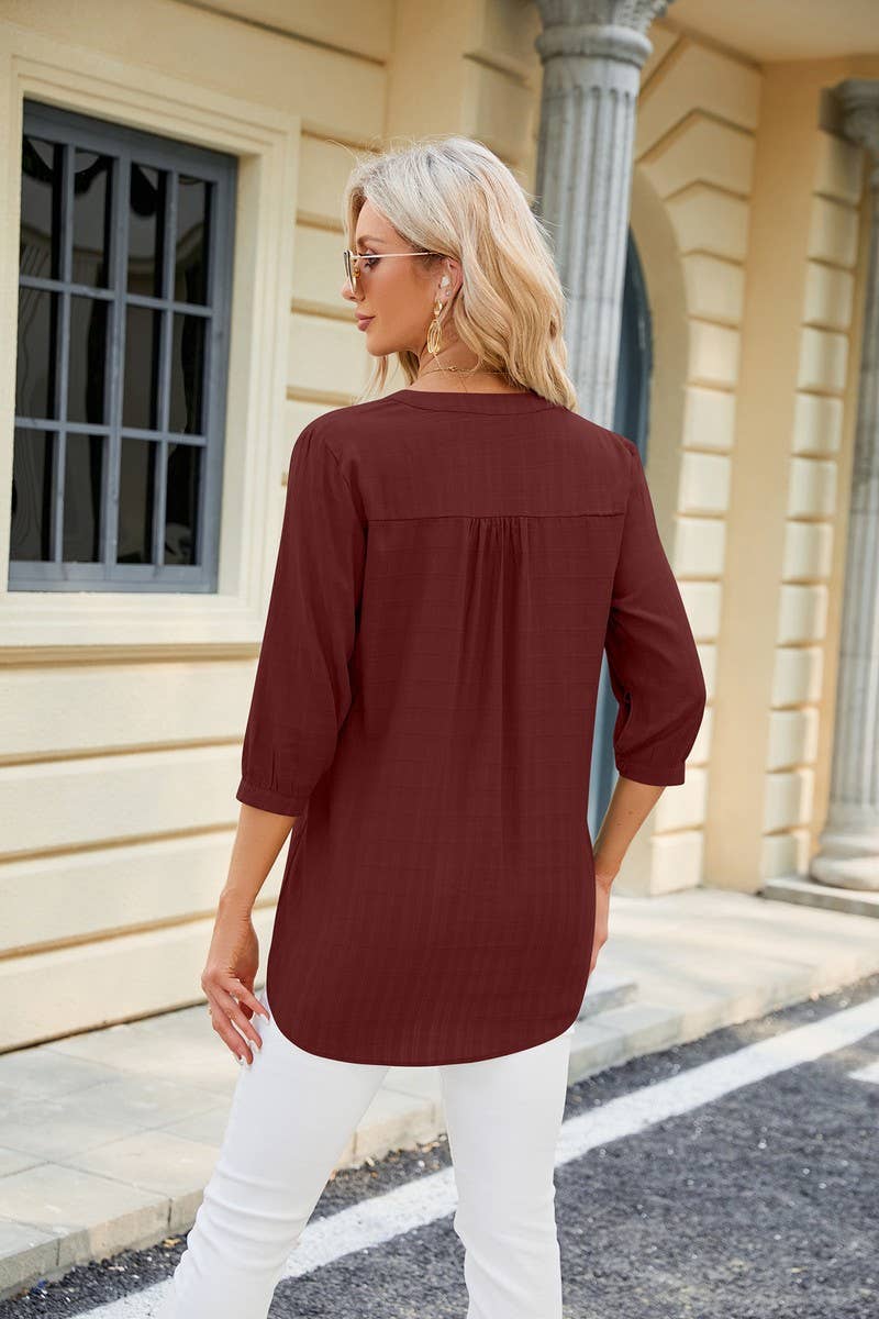 V NECK BUTTON UP T SHIRT_CWTSTS0283