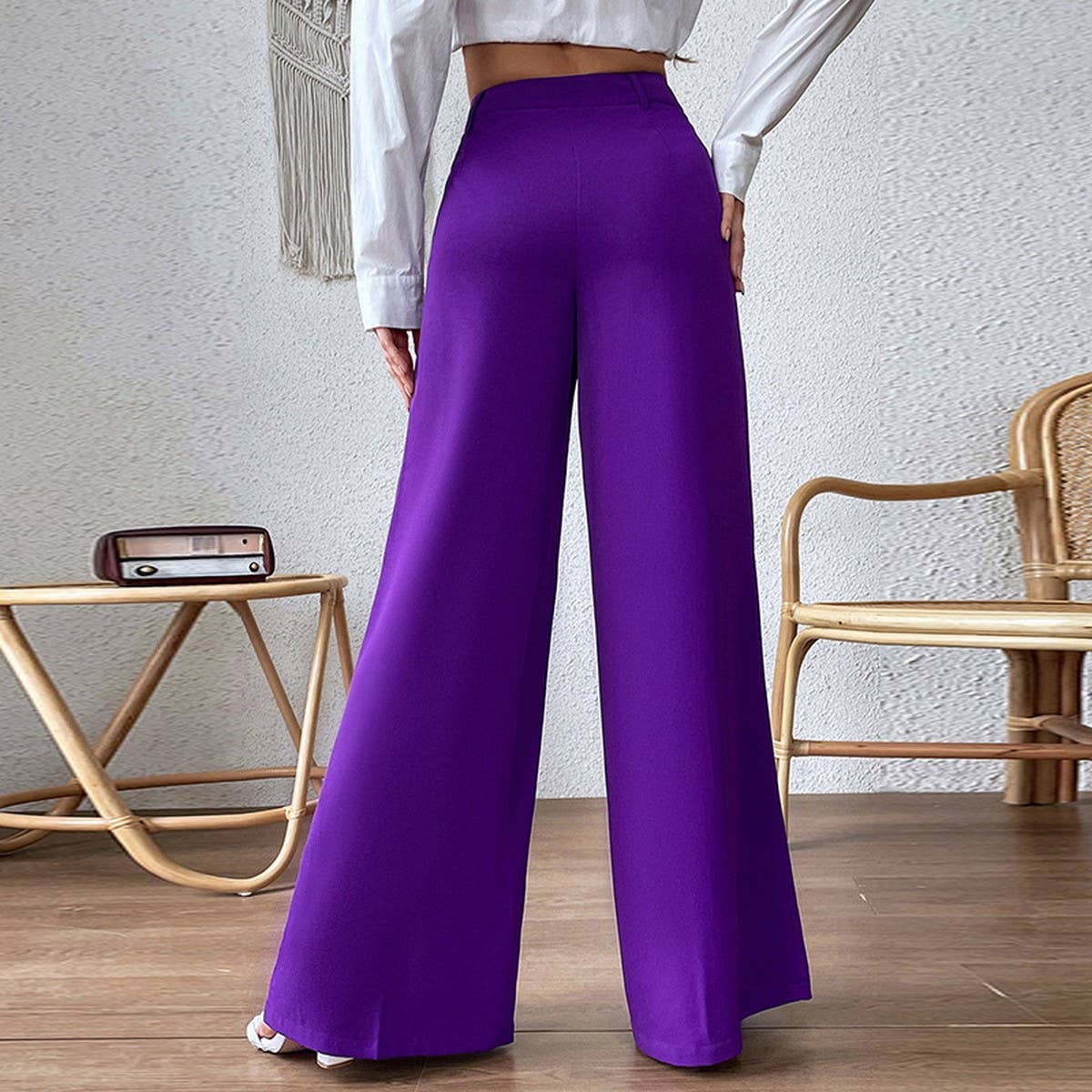 Loose solid color straight leg long wide leg pants