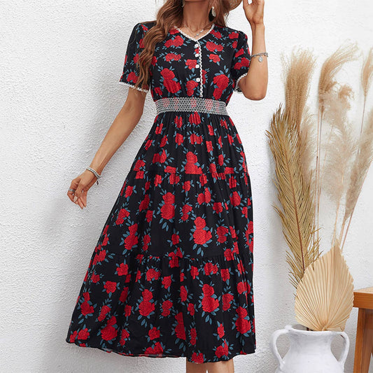 FASHION PRINT SHORT SLEEVE SLIM-FIT LONG DRESS