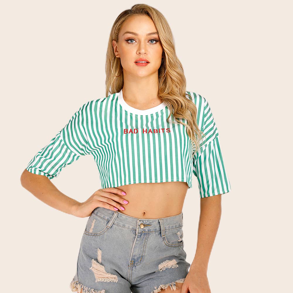Striped letter embroidery cropped crop top