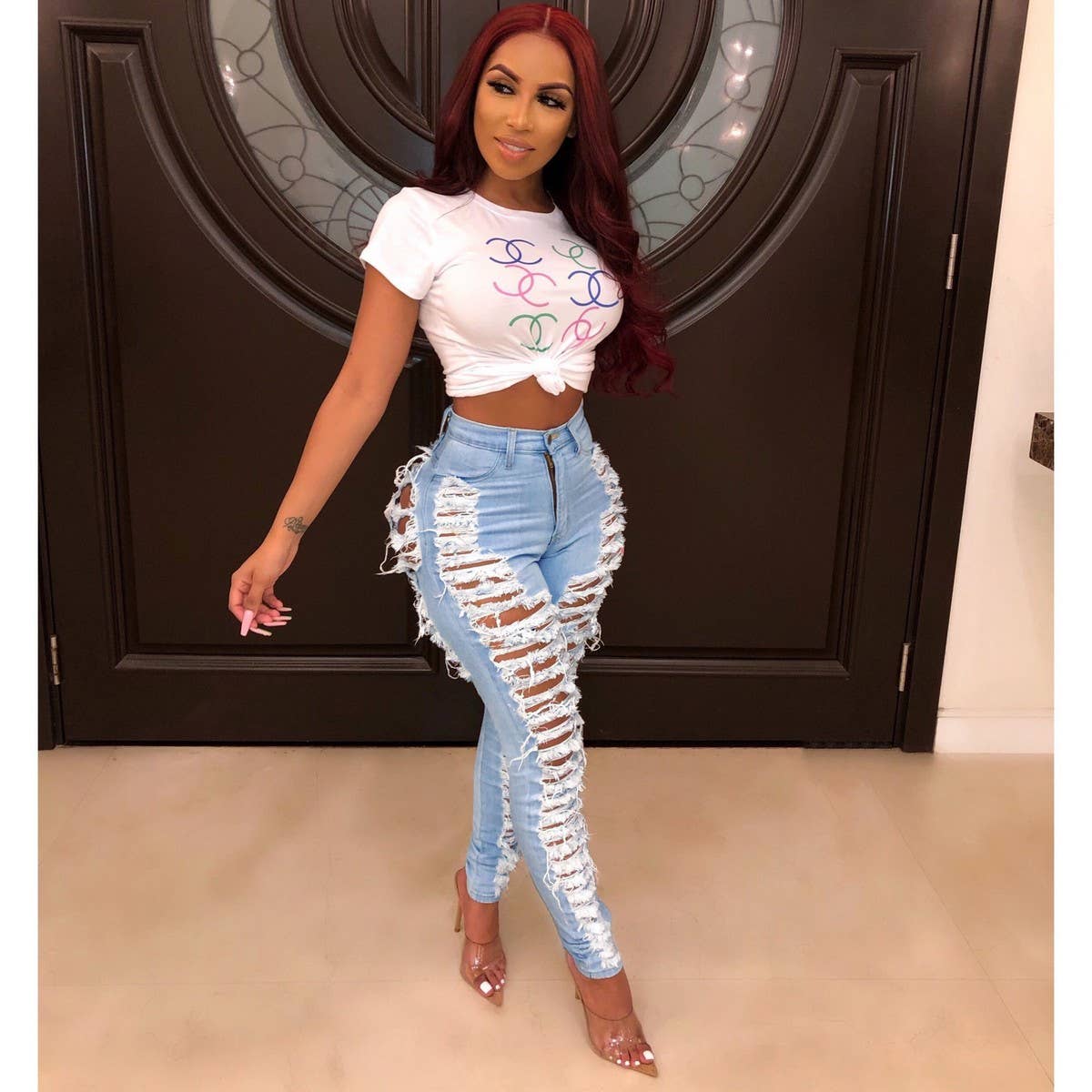 WOMENS SEXY HOLE TASSEL SLIM FITTING JEANS_CWJP0083