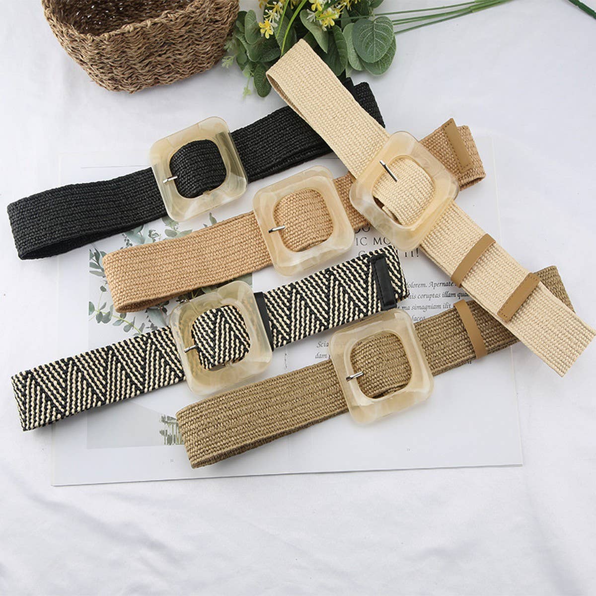 CWABE1187_VINTAGE PP STRAW WOVEN SQUARE BUCKLE WAIST BELT