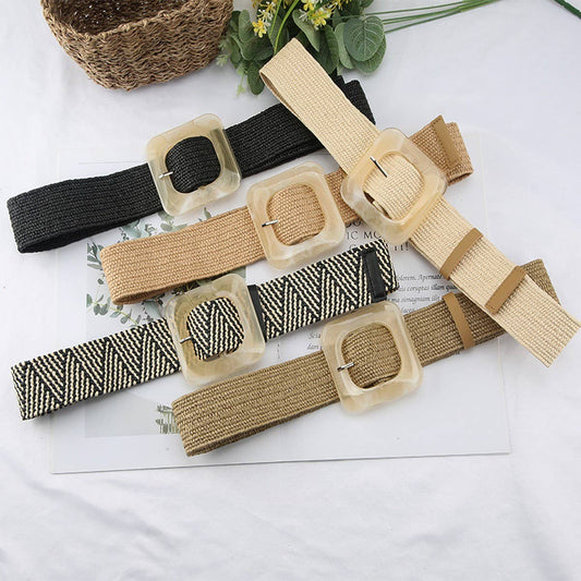 CWABE1187_VINTAGE PP STRAW WOVEN SQUARE BUCKLE WAIST BELT