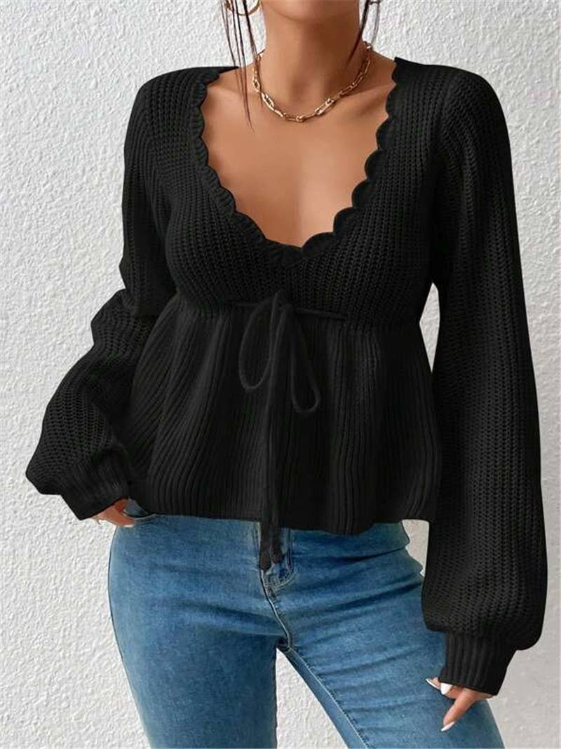 V-neck drawstring tie ruffled hem knit sweater