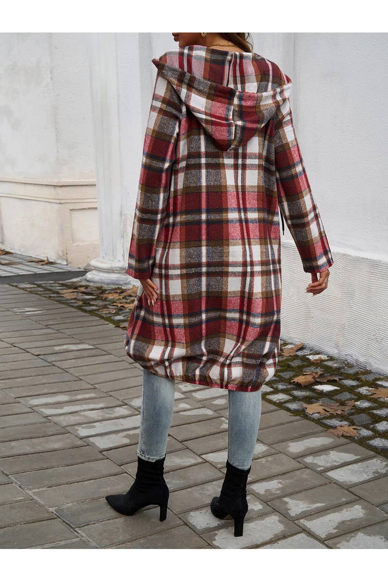 CWOCO0236_Casual Baggy Plaid Long Sleeved Zipper Hooded Coat