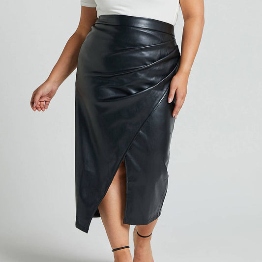 PU leather split high waist zipper pile pleated leather skir