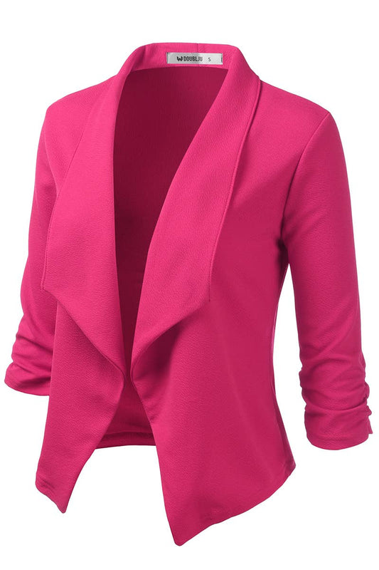CWOBL091_Casual Work Ruched 3/4 Slv Open Front Blazer Jacket