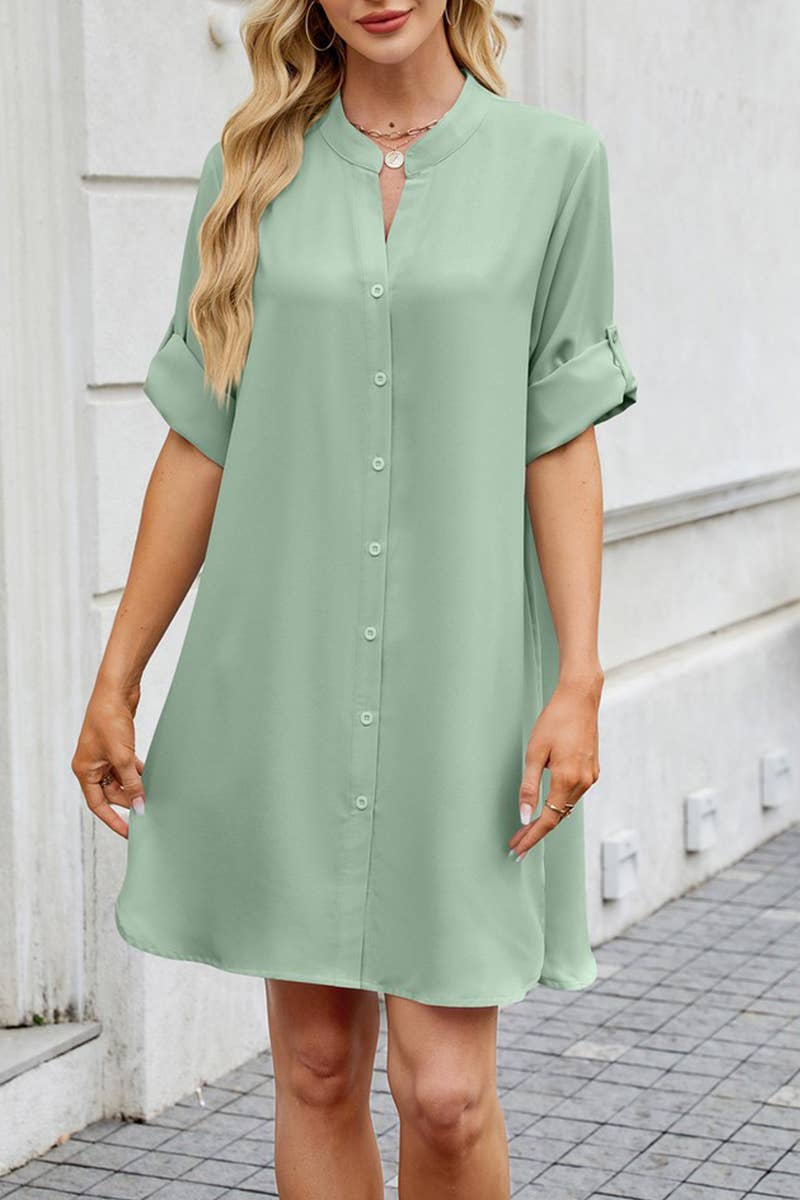 CWDSD7420_SUMMER LOOSE MID SLEEVE BUTTON SHIRT DRESS