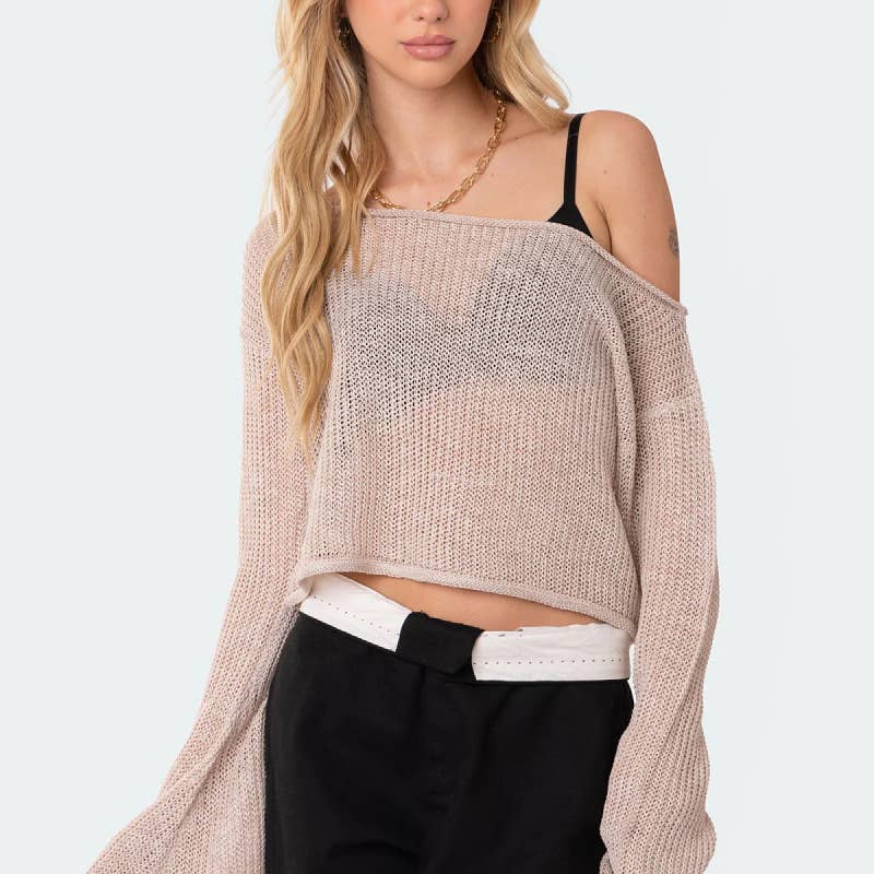 See-through flared sleeve pullover knitted smock