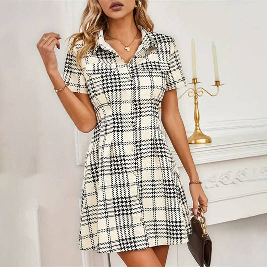 Waist thousand birds plaid short dress