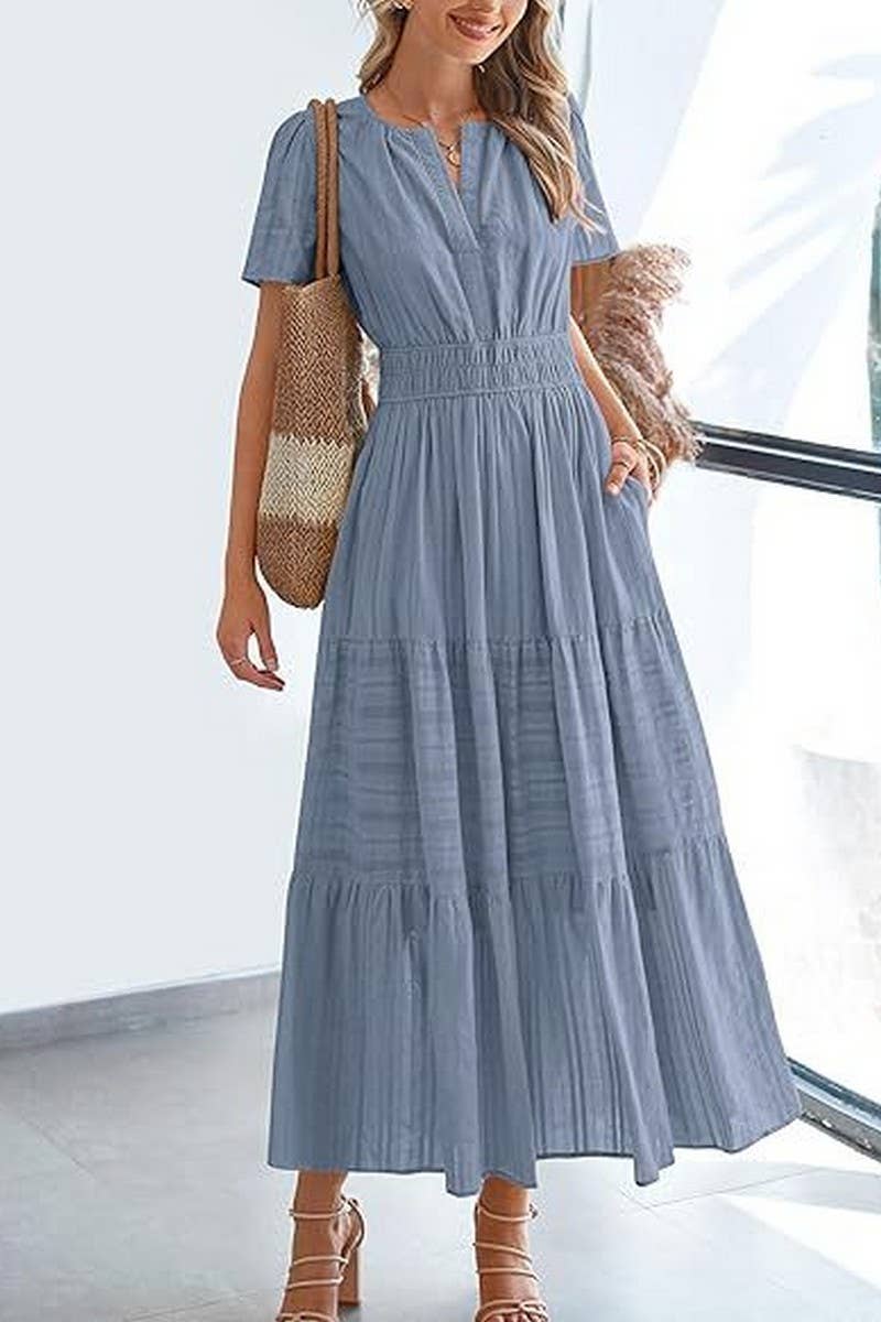 CWDMD6338_V-NECK PLEATED PUFF SLEEVES LONG-SLEEVED DRESS