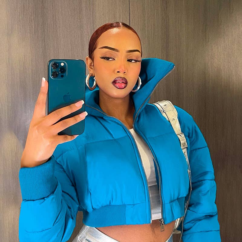 Simple casual high neck zipper cropped quilted jacket