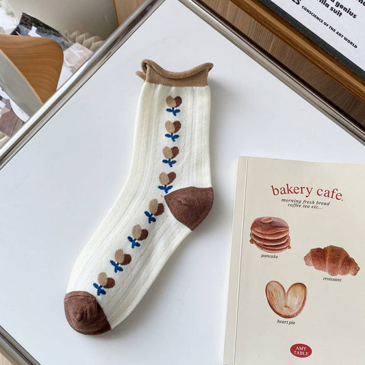 White coffee color Floral Print Crew Socks