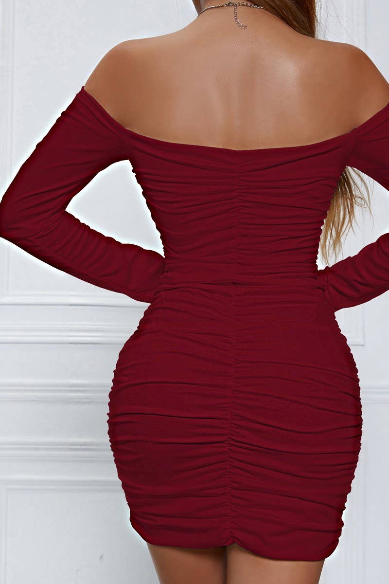 CWDSD10736_OFF SHOULDER LONG SLEEVE RUCHED BODYCON DRESS
