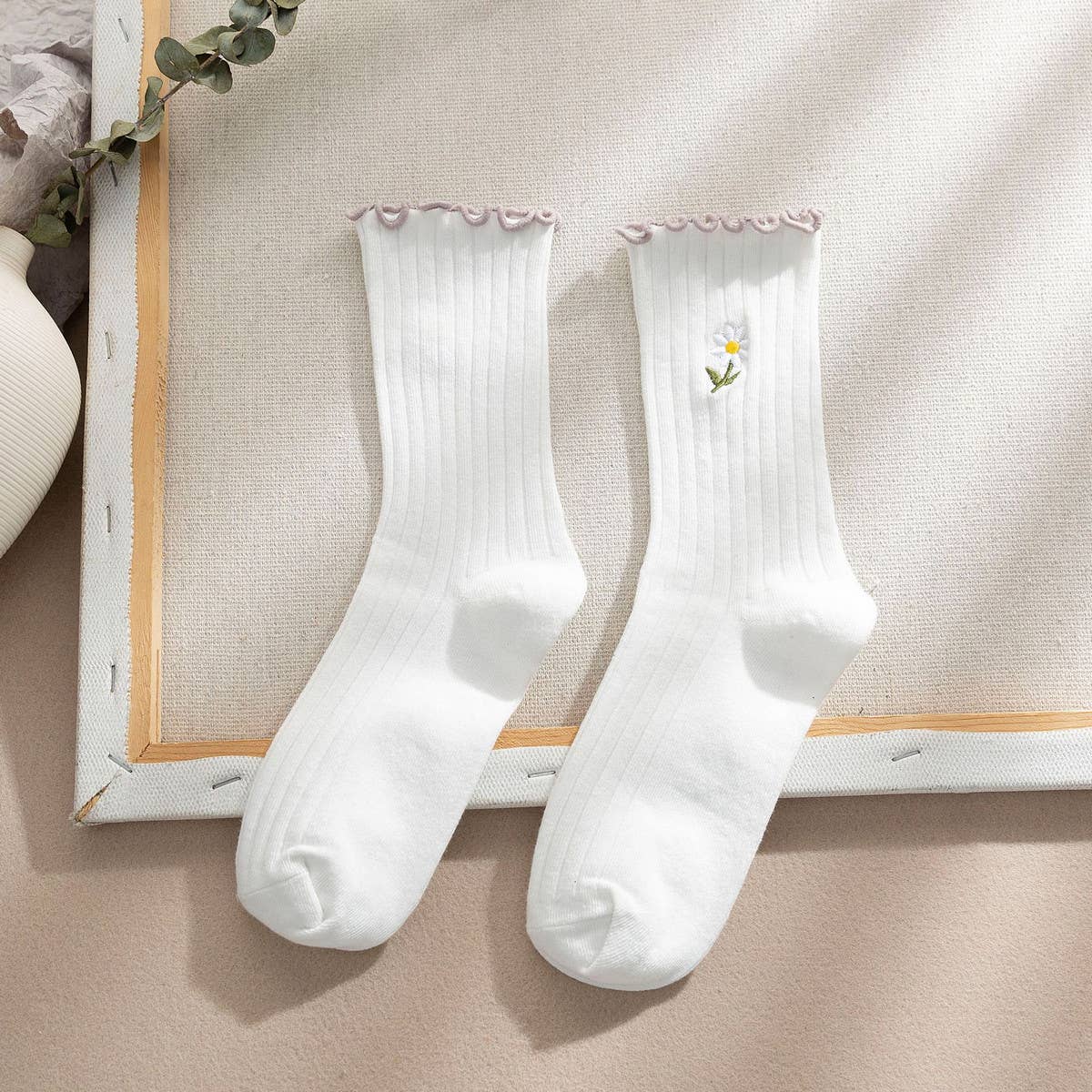 Flower Embroidery Crew Ruffle Socks Women