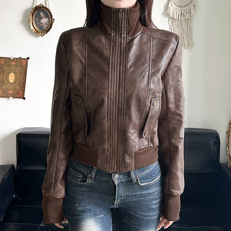 VINTAGE LOOSE JACKET JACKET ZIPPER LEATHER WAIST