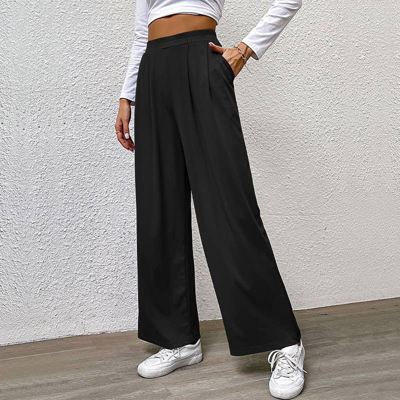 ELASTIC-WAISTED SOLID COLOR SLACKS WITH WIDE LEGS