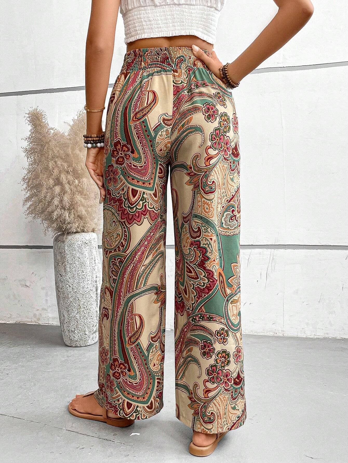 ALL-IN-ONE PRINTED ELASTIC-WAISTED WIDE-LEG PANTS