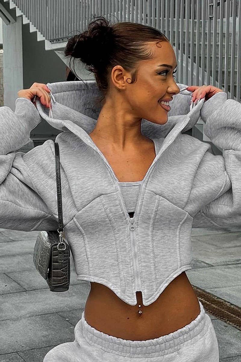 CWOCO00156_CROPPED ZIP-UP HOODED LONG-SLEEVED SWEATSHIRT
