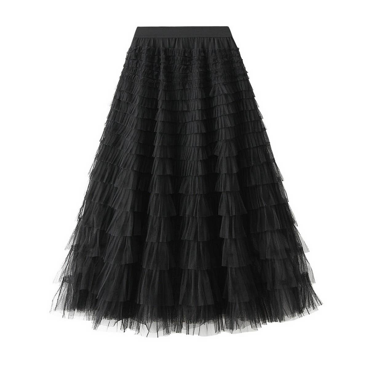 White Tulle Tiered Pleated A-Line Maxi Skirt