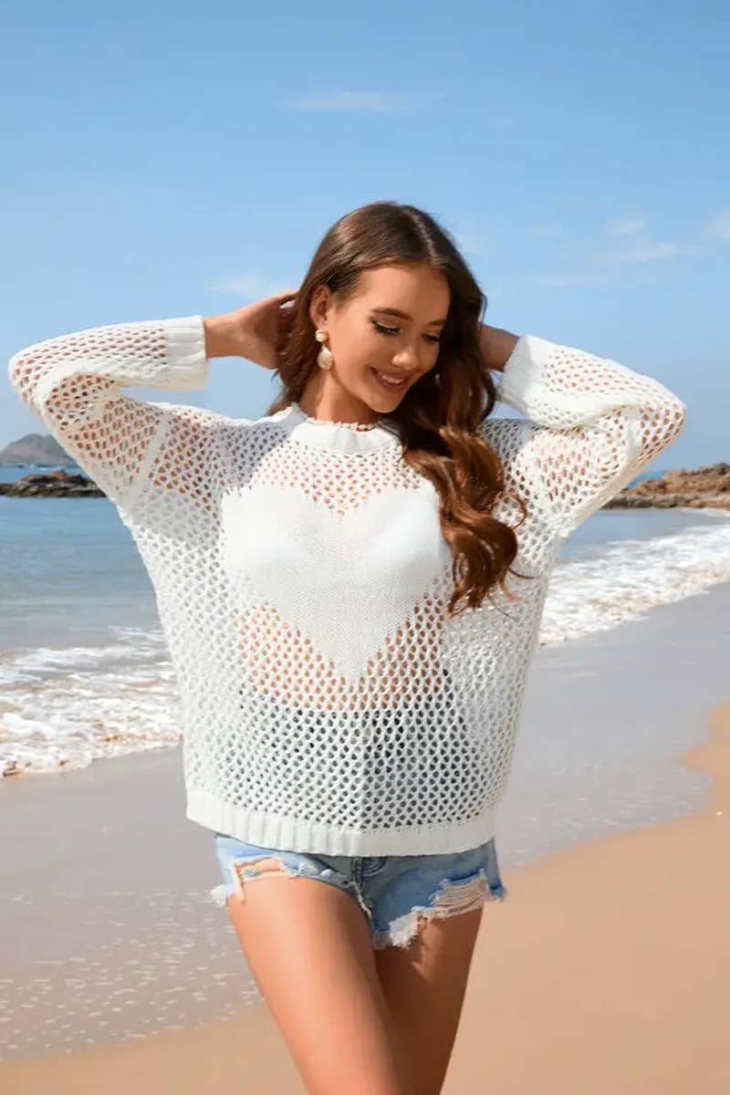 CWTTL1991_SUMMER ROUND NECK HEART SOLID COLOR BEACH COVER UP