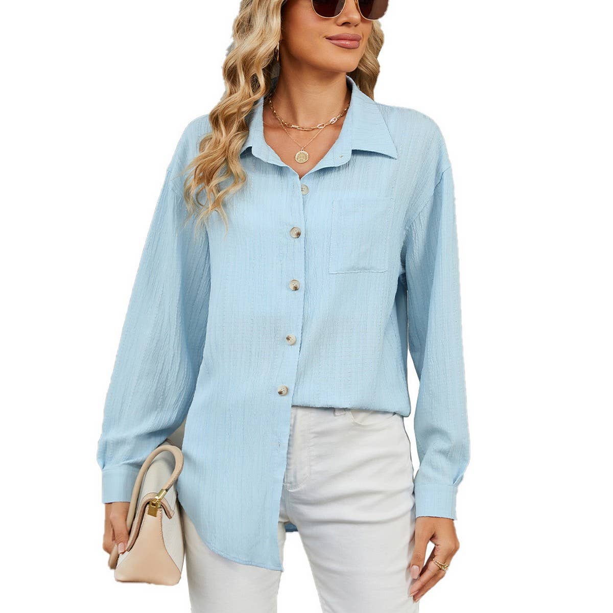 Long sleeve lapel button solid color shirt