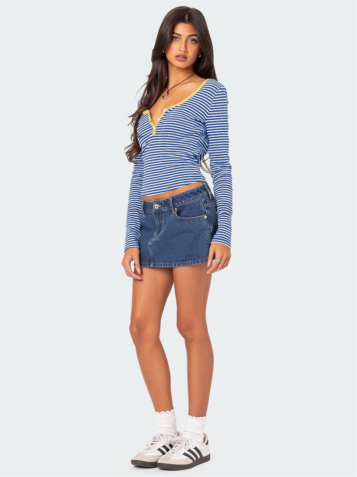 STRIPED COLOR CONTRAST KNIT BUTTON COTTON T-SHIRT