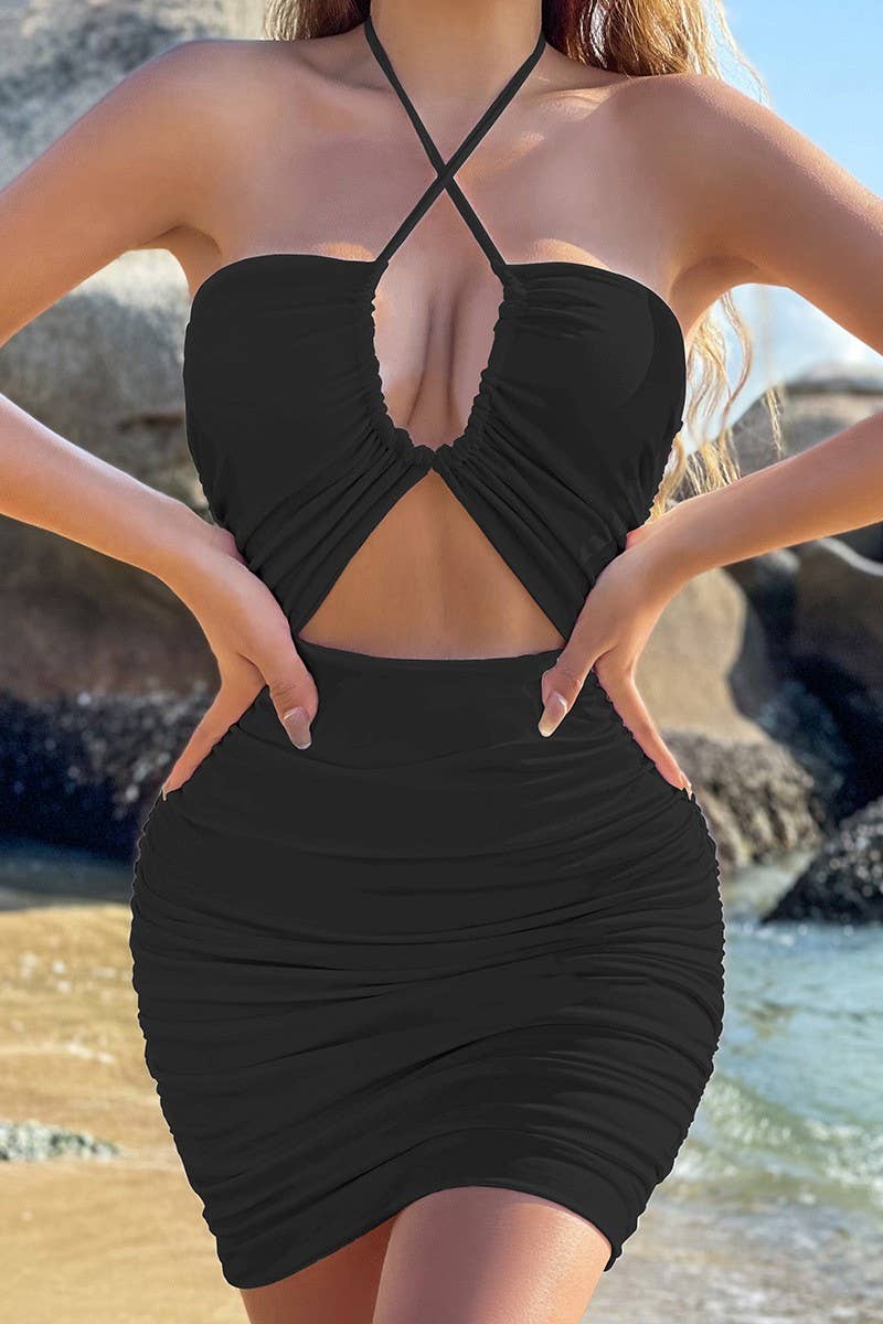 CWDSD10780_CROSS TIE CUTOUT BODYCON SEXY DRESS