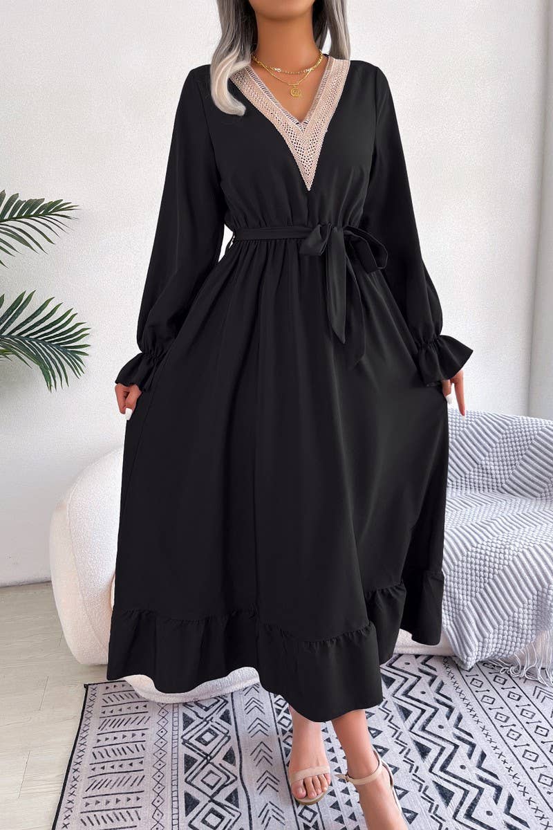 CWDMD4716_TEMPERAMENT V-NECK LACE WAIST RUFFLED LONG SKIRT