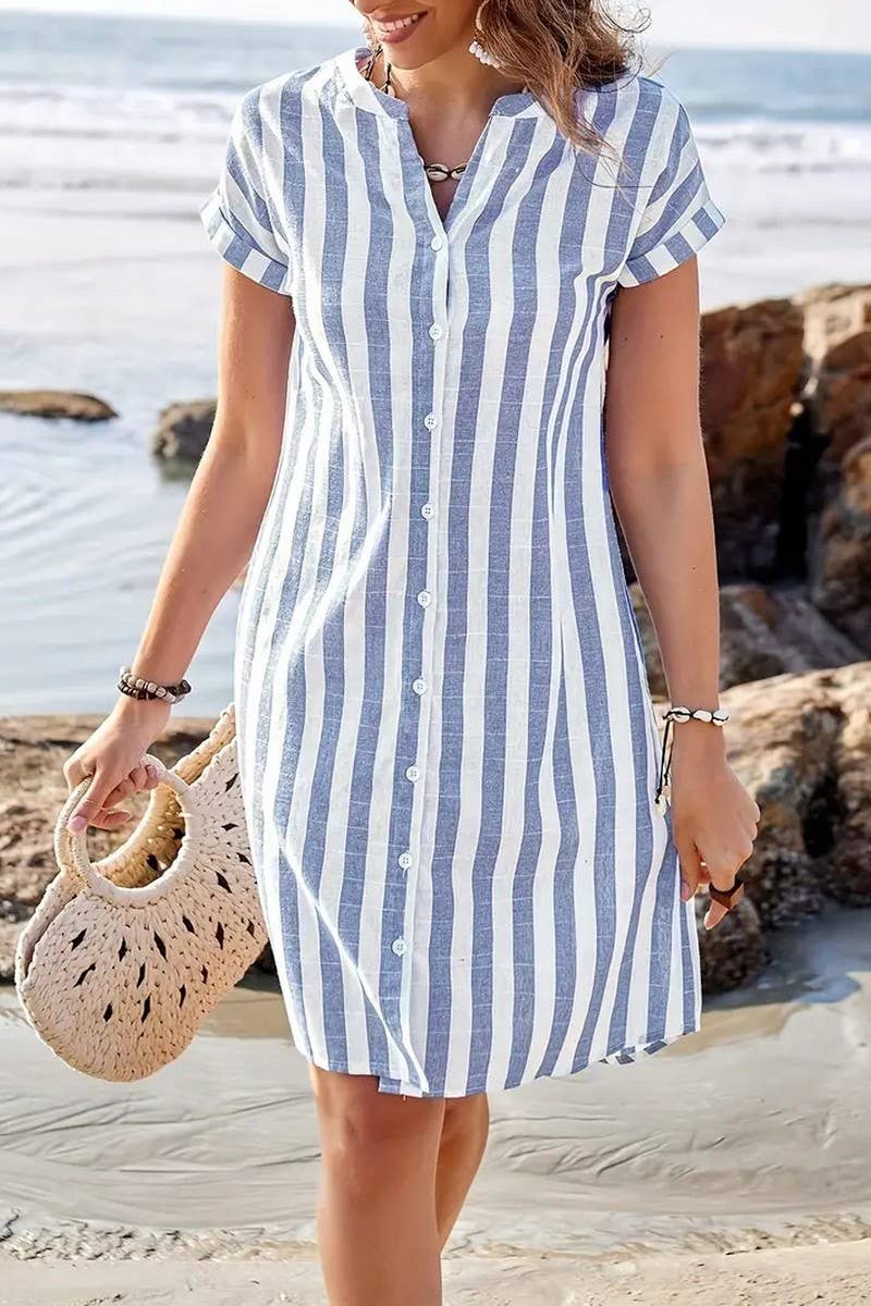 CWDMD5586_ELEGANT WOMEN'S STRIPED V NECK MIDI DRESS