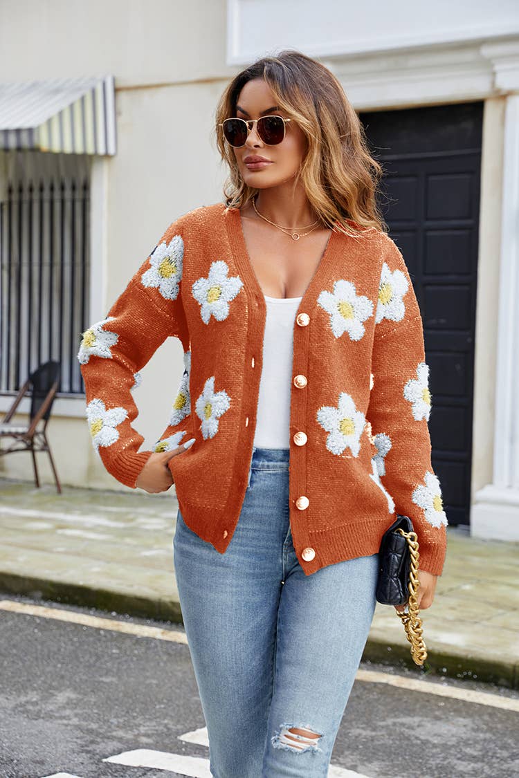 THREE-DIMENSIONAL FLOWER V-NECK CARDIGAN