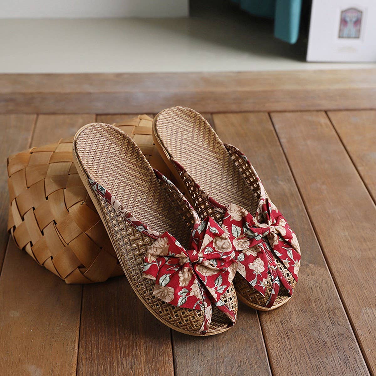Summer Woven Linen Bow Mules for Home
