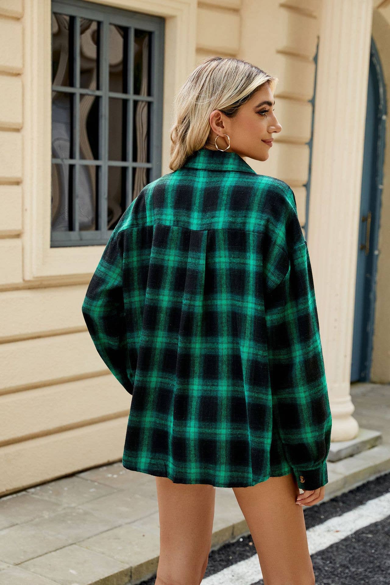 Lapel brushed striped long-sleeved plaid shirt