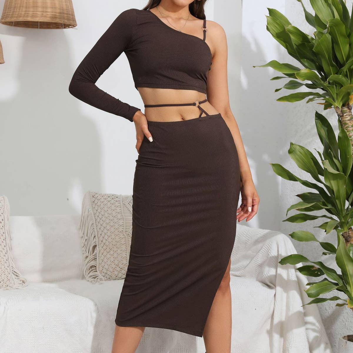 Slant shoulder top split strap skirt two-piece set