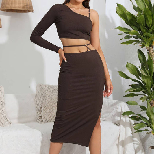 Slant shoulder top split strap skirt two-piece set