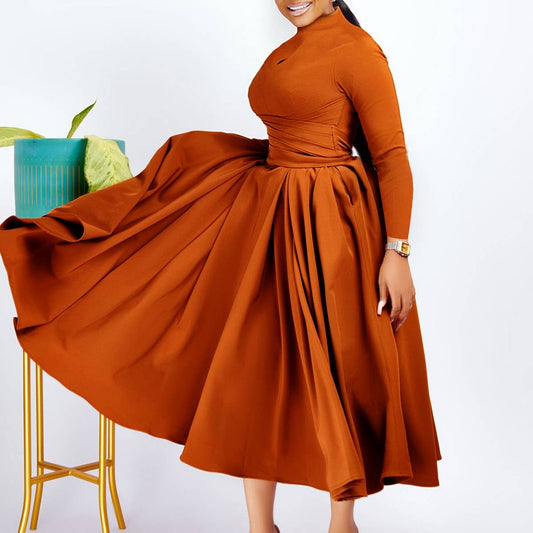 FASHIONABLE PLEATED PLUS SIZE SWING SKIRT DRESS