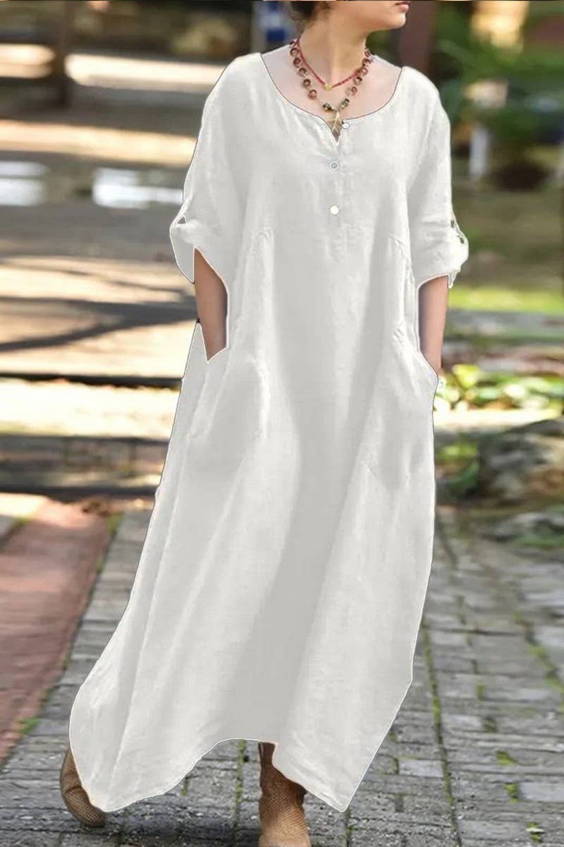 CWDMD4868_LONG SLEEVE V-NECK POCKET COTTON AND LINEN DRESS