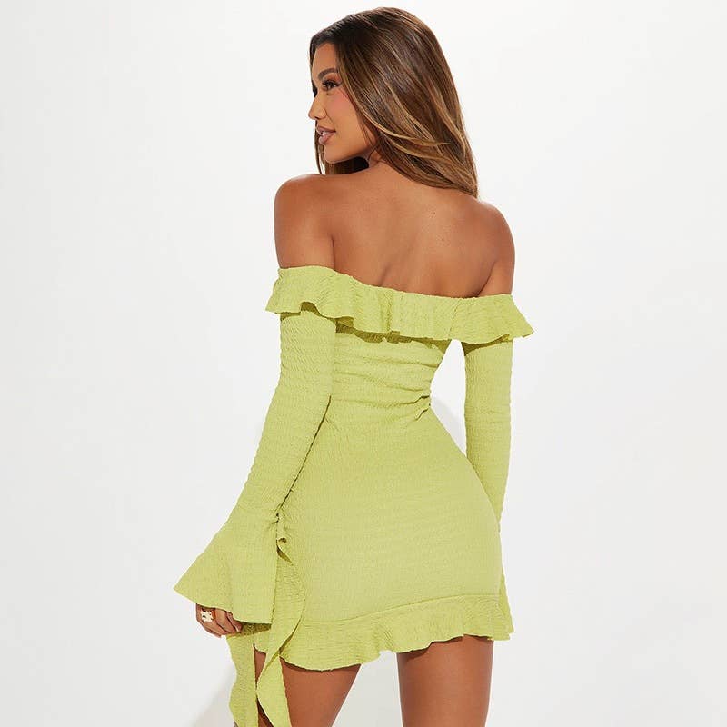 One-shoulder ruffled flared sleeve ribbon dress