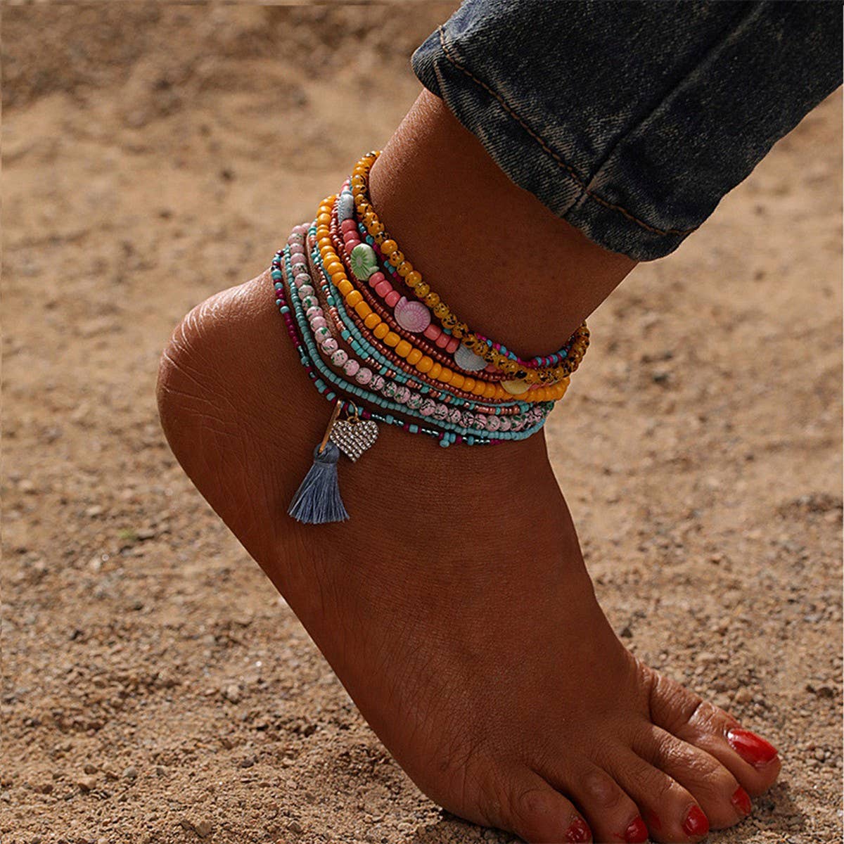 Boho Beaded Heart Tassel Anklet ??Colorful Vibes_CWMM6341
