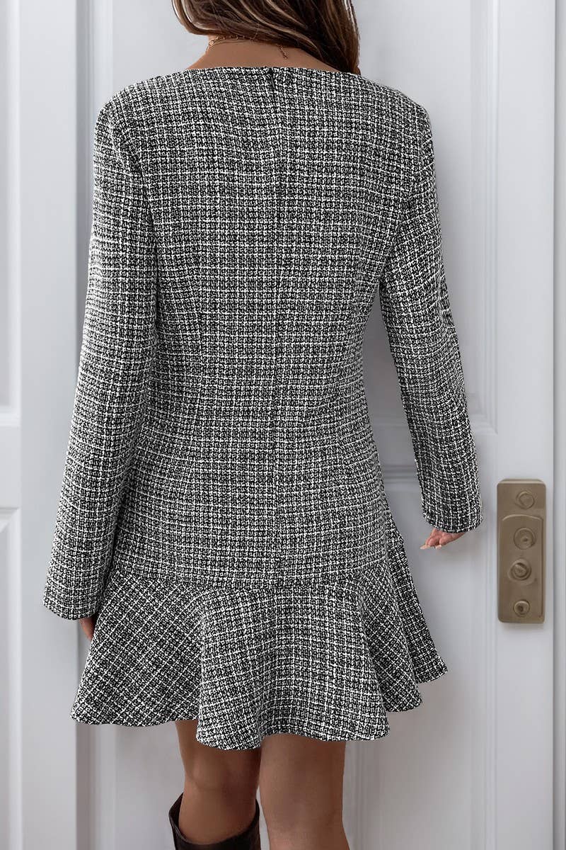 CWDSD6356_LONG SLEEVE IRREGULAR RUFFLE TWEED DRESS