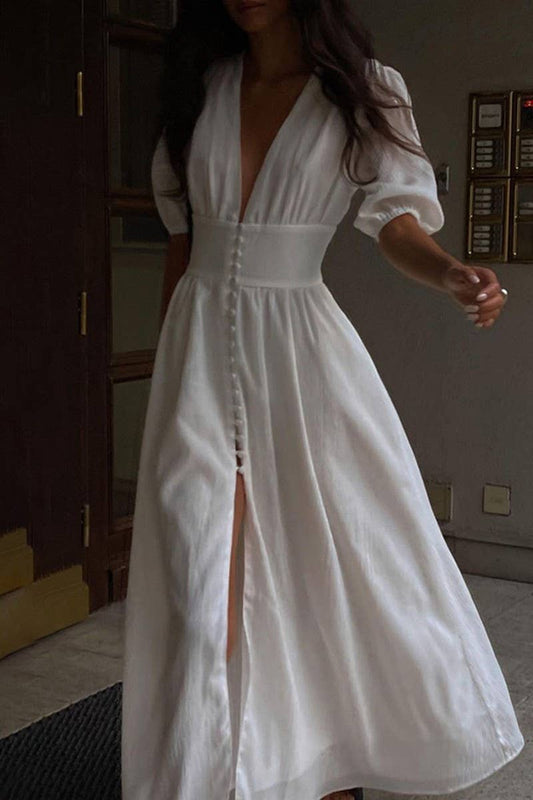 CWDMD3468_V-NECK BUTTON PUFF SLEEVE SLIM-FIT SLIT MAXI DRESS