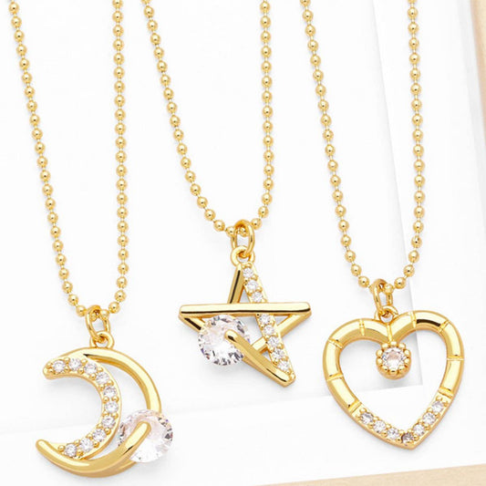 MOON STAR HEART PENDANT NECKLACE