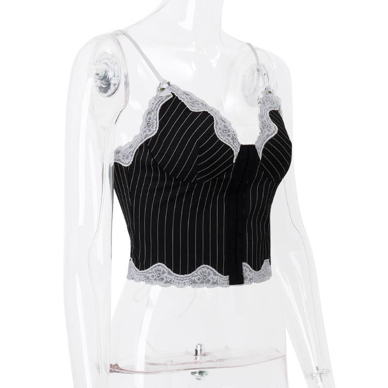 Lace striped color-blocking low-cut halter top